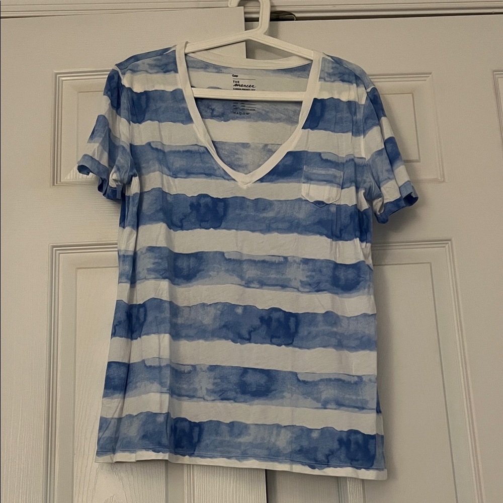 GAP Blue and White Striped V-Neck Tee